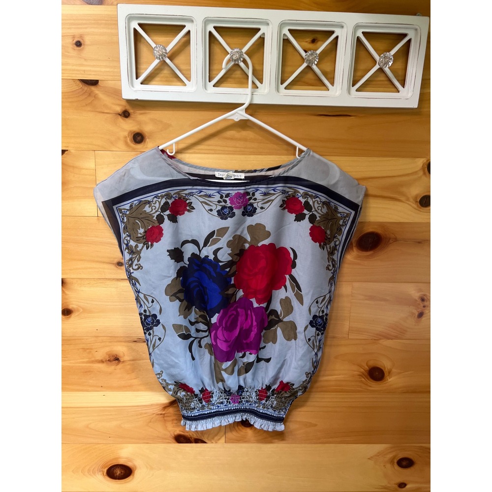 Derek Heart Women Floral Scarf Print Smocked Waist Blouse Blue Red Small